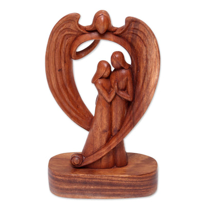 Angelic Presence Hand-Carved Guardian Angel and Couple Suar Wood Sculpture