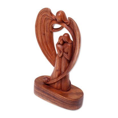 Angelic Presence Hand-Carved Guardian Angel and Couple Suar Wood Sculpture