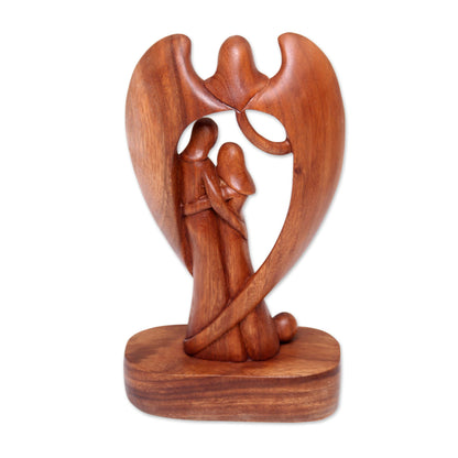 Angelic Presence Hand-Carved Guardian Angel and Couple Suar Wood Sculpture