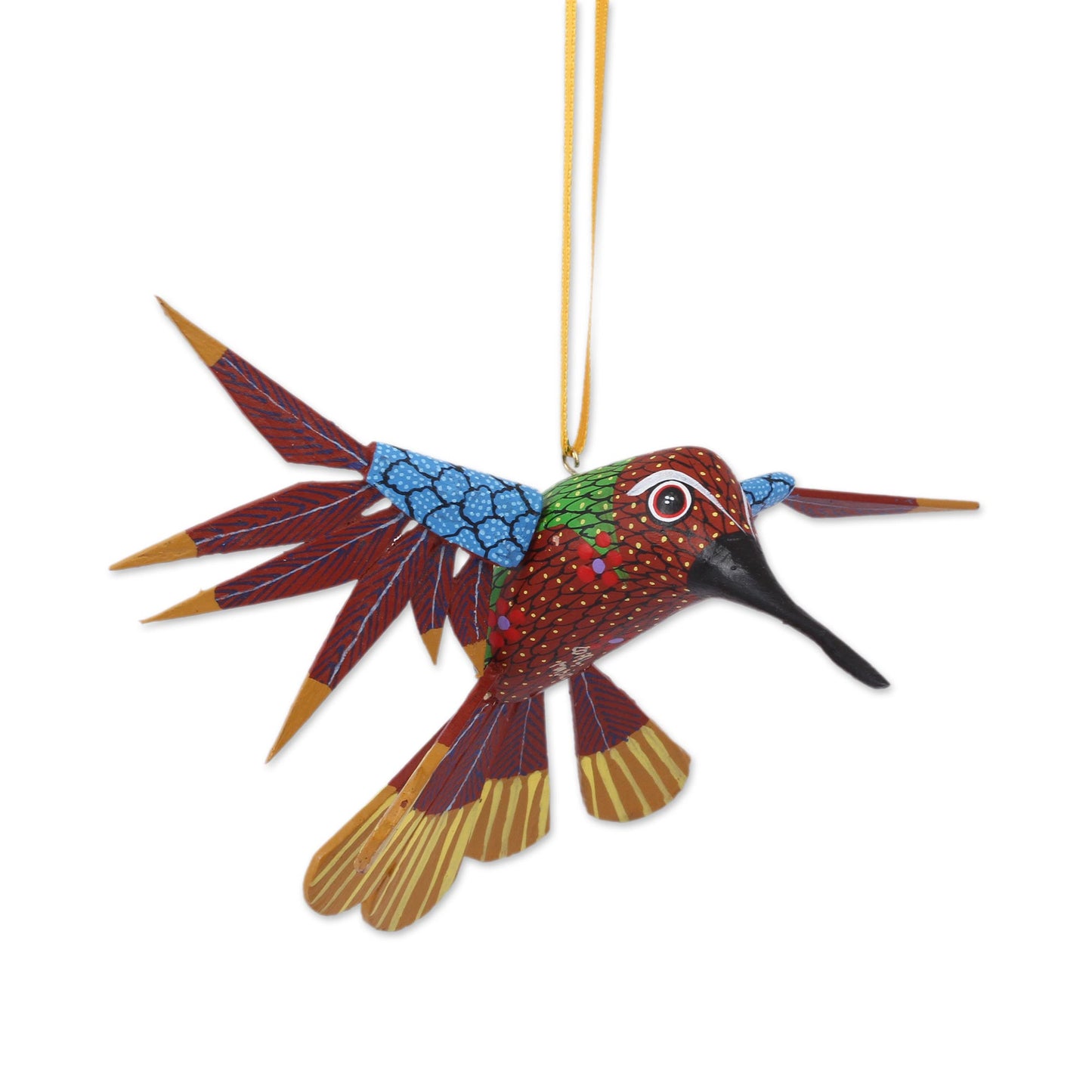 Fanciful Flutter in Red Copal Wood Red Multicolor Alebrije Hummingbird Ornament