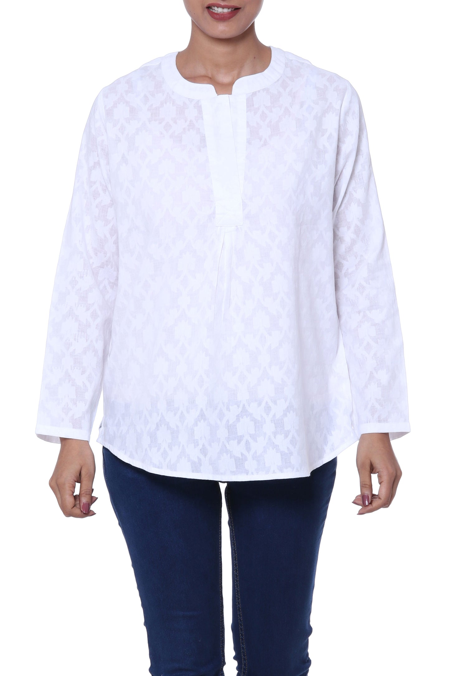 Brocade Shadow 100% Cotton Long-Sleeved White Tunic