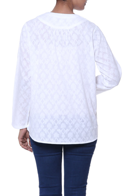 Brocade Shadow 100% Cotton Long-Sleeved White Tunic