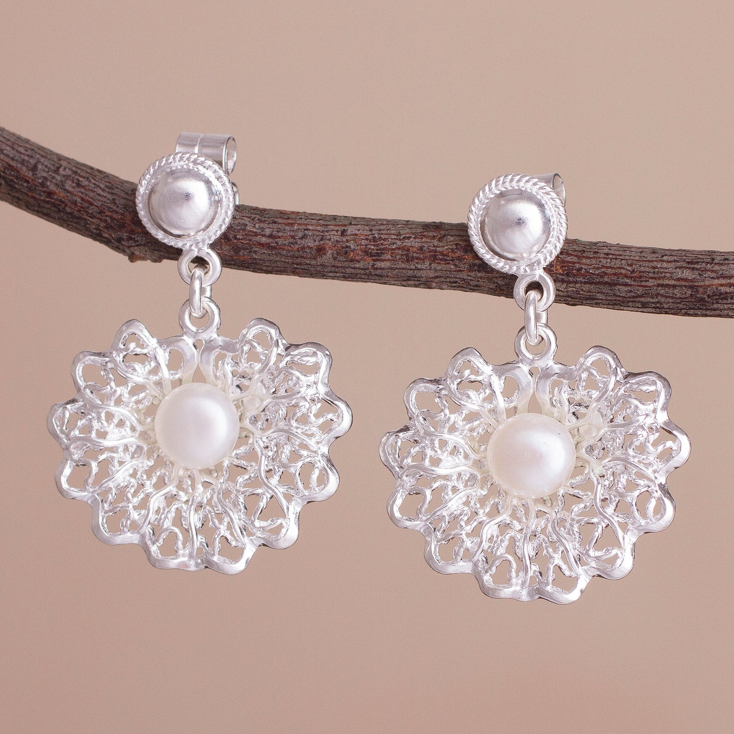 Resplendent Elegance Cultured Pearl and Sterling Silver Openwork Dangle Earrings