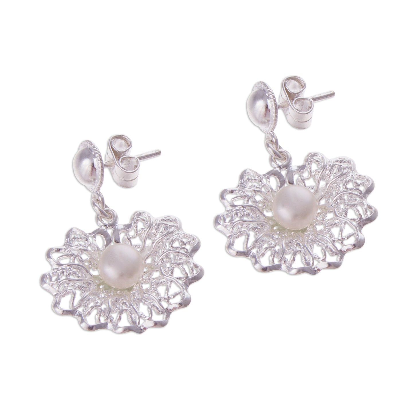 Resplendent Elegance Cultured Pearl and Sterling Silver Openwork Dangle Earrings