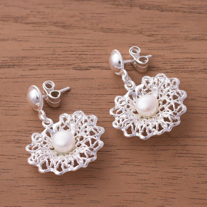 Resplendent Elegance Cultured Pearl and Sterling Silver Openwork Dangle Earrings