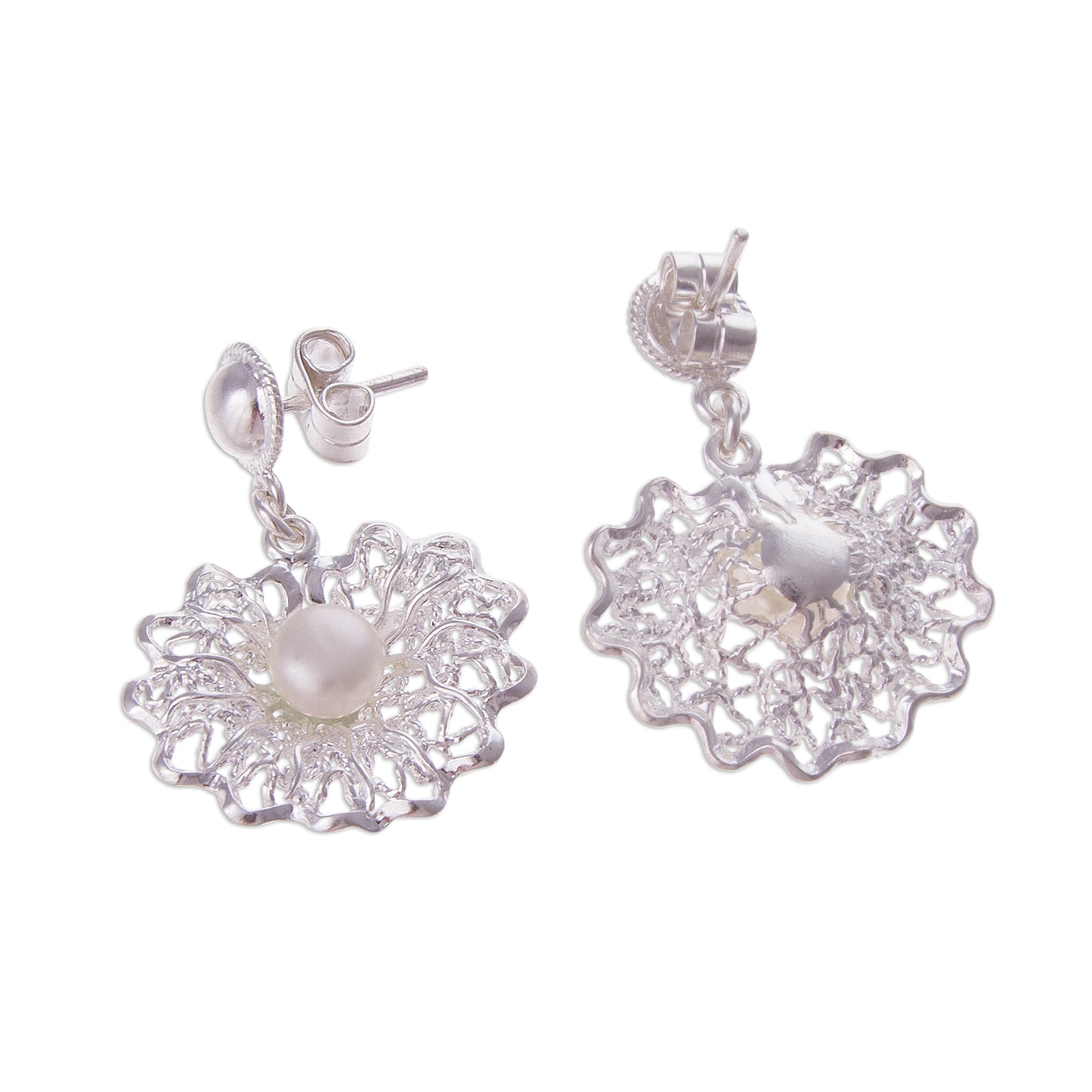 Resplendent Elegance Cultured Pearl and Sterling Silver Openwork Dangle Earrings