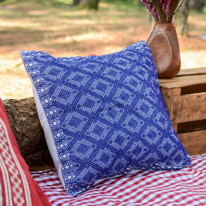 Sky Lattice Handwoven Navy and White Brocade Cotton Cushion Cover