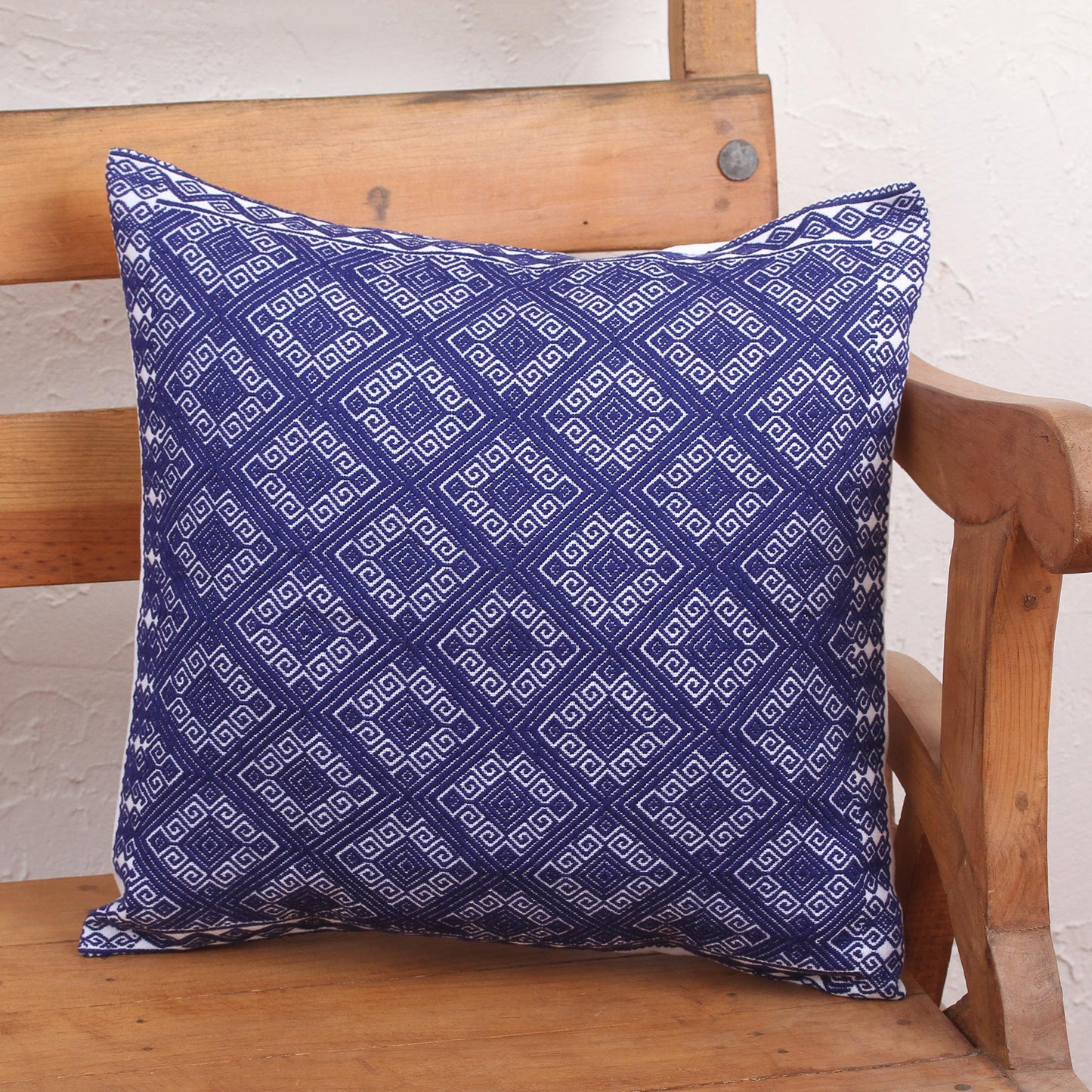 Sky Lattice Handwoven Navy and White Brocade Cotton Cushion Cover