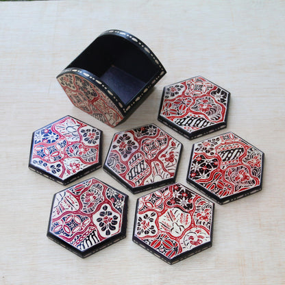 Sekarjagad Red and Black Floral Batik Set of Six Wadang Wood Coasters