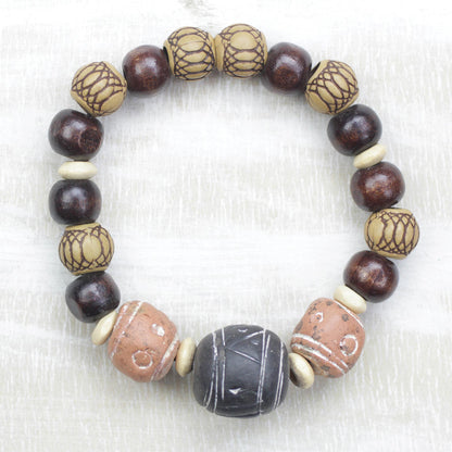 Eco-Friendly Fashion Ceramic Wood and Recycled Plastic Beaded Stretch Bracelet