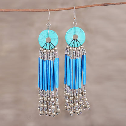 Descending Blue Blue Disc and Recycled Paper Beaded Chandelier Earrings