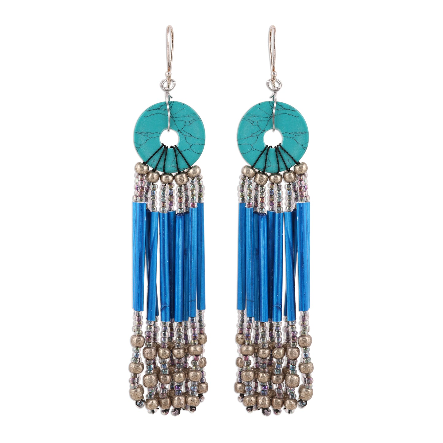 Descending Blue Blue Disc and Recycled Paper Beaded Chandelier Earrings