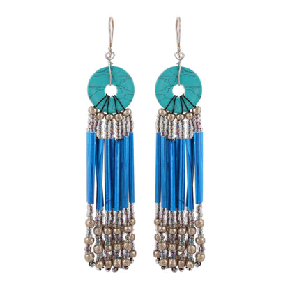 Descending Blue Blue Disc and Recycled Paper Beaded Chandelier Earrings