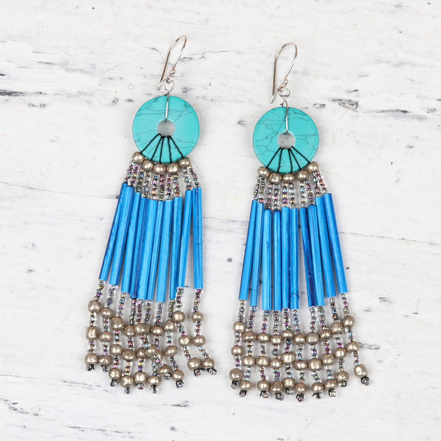 Descending Blue Blue Disc and Recycled Paper Beaded Chandelier Earrings