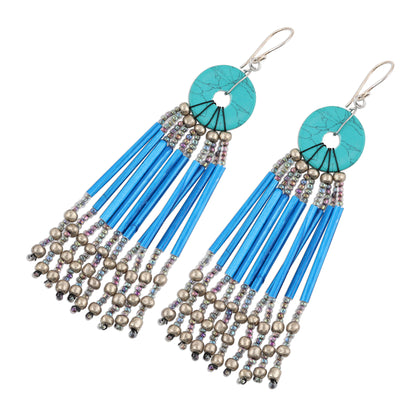 Descending Blue Blue Disc and Recycled Paper Beaded Chandelier Earrings