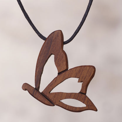 Natural Rebirth Peruvian Wood Pendant Necklace with Butterfly Motif