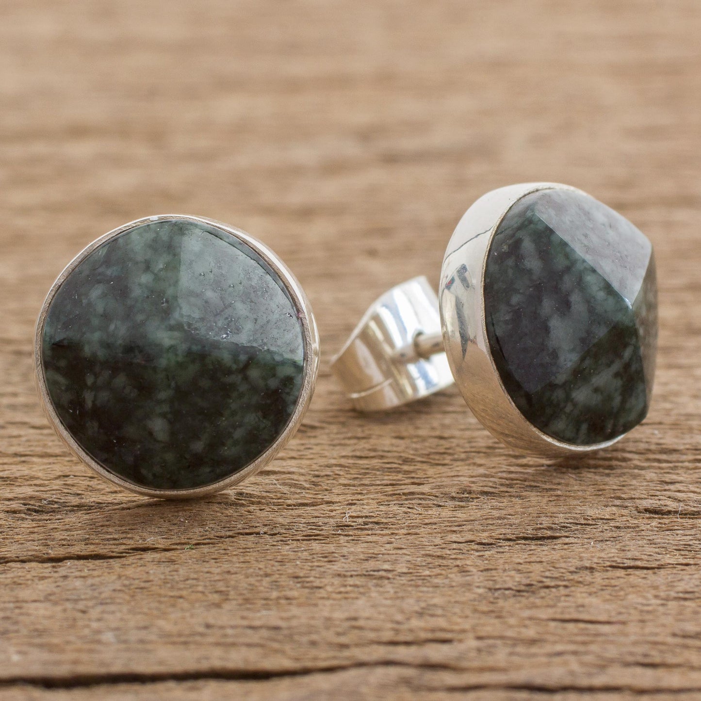 Dark Green Faceted Circles Dark Green Jade Stud Earrings from Guatemala