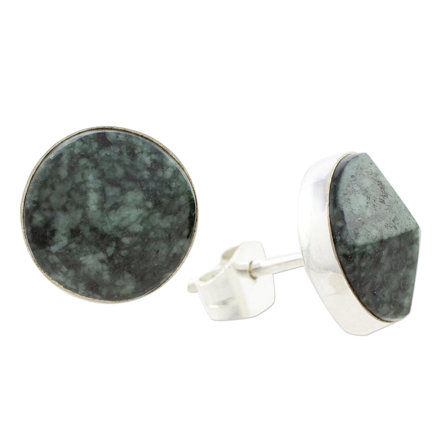 Dark Green Faceted Circles Dark Green Jade Stud Earrings from Guatemala