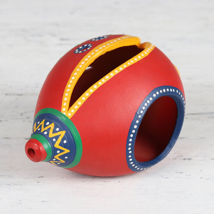 Seashore Delight in Red Conch-Shaped Ceramic Tealight Holder from India