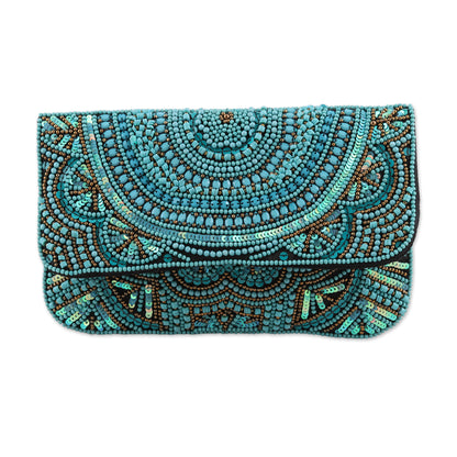 Turquoise Glamour Turquoise Beaded and Sequined Silk Evening Clutch from India