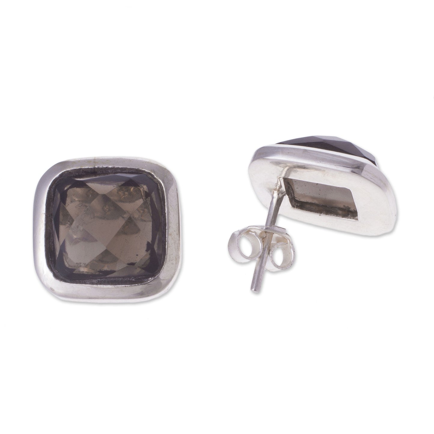 Square Treasures Square Smoky Quartz Button Earrings from Peru