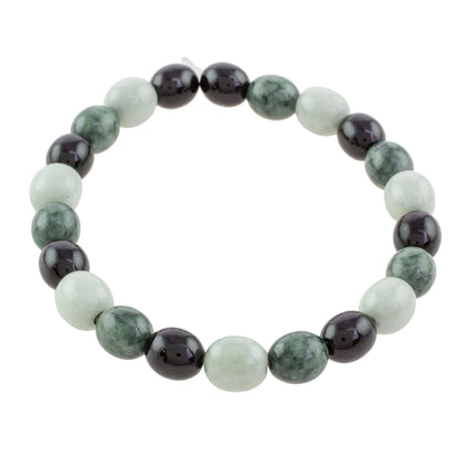 Light and Shade Black Green and Pale Natural Jade Beaded Stretch Bracelet