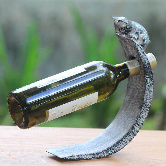 Peeking Kitten Handcrafted Suar Wood Cat Bottle Holder in Black and White