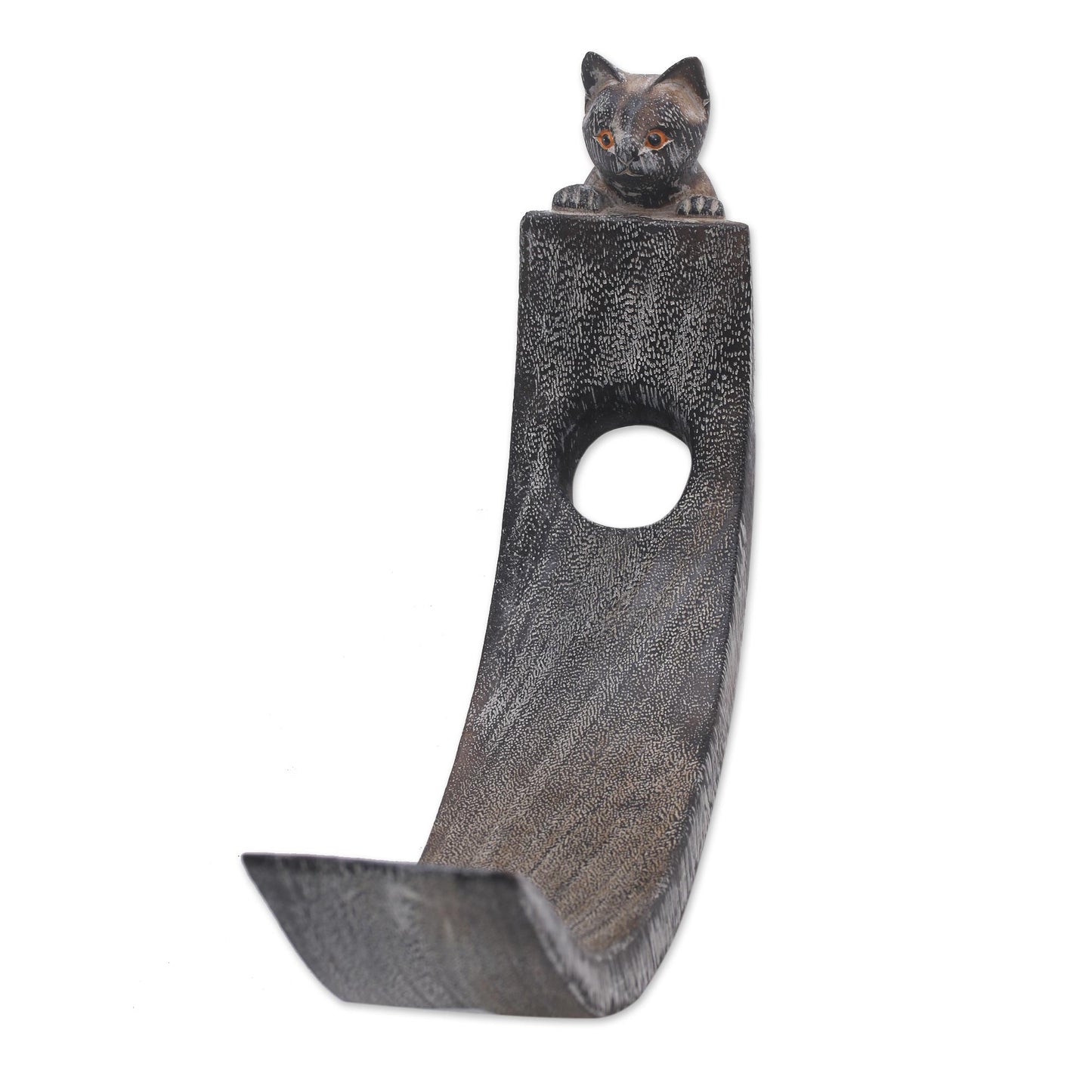 Peeking Kitten Handcrafted Suar Wood Cat Bottle Holder in Black and White