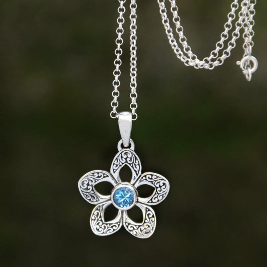 Sekar Langit Floral Blue Topaz Pendant Necklace Crafted in Bali