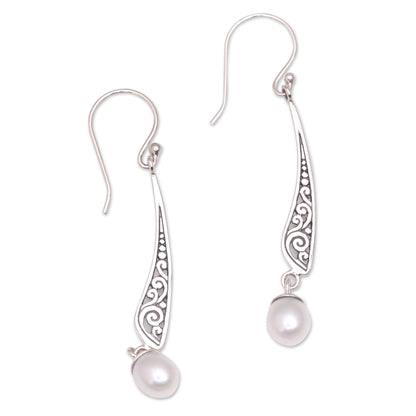 Vine Blades Vine Motif Cultured Pearl Dangle Earrings from Indonesia