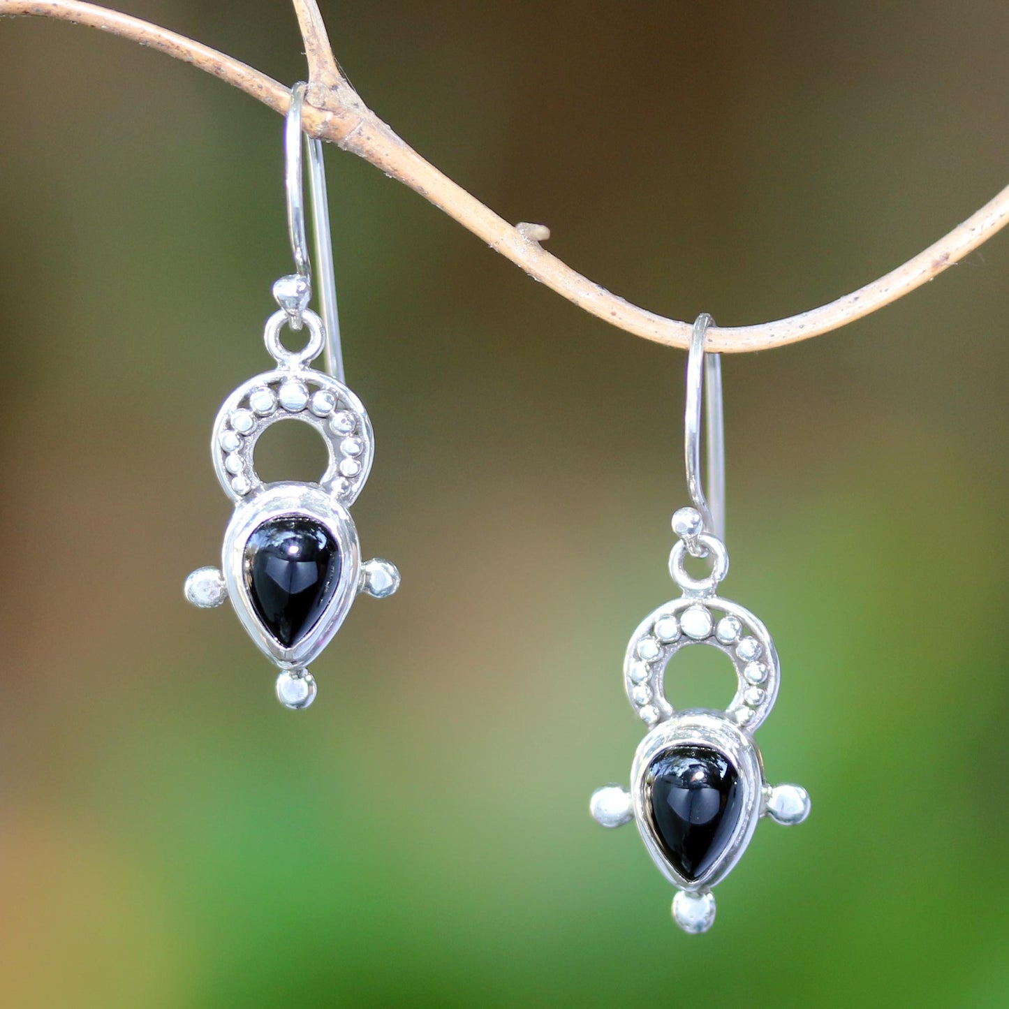 Glorious Night Black Onyx and Sterling Silver Balinese Dangle Earrings