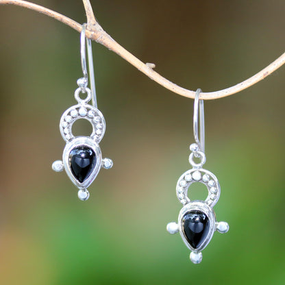 Glorious Night Black Onyx and Sterling Silver Balinese Dangle Earrings