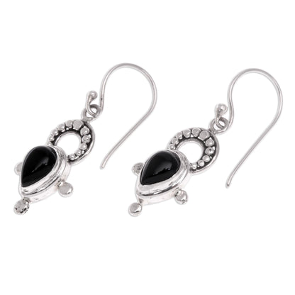 Glorious Night Black Onyx and Sterling Silver Balinese Dangle Earrings