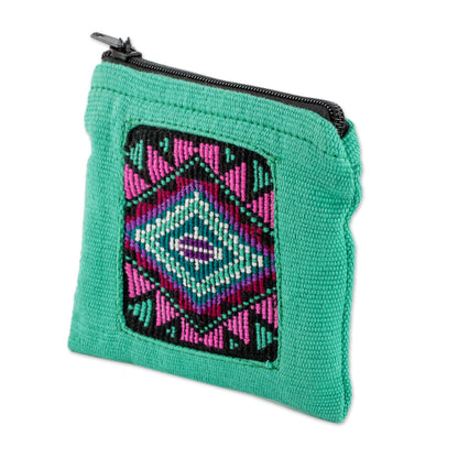 Turquoise Festival Handwoven Cotton Coin Purse in Turquoise from Guatemala