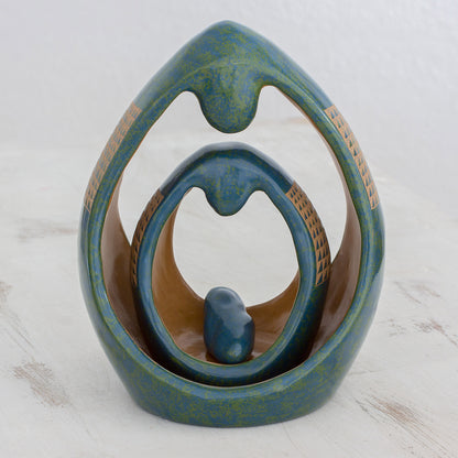 Earthtone & Turquoise Blue Nativity Scene Ceramic Sculptures, 'Modern Nativity' (Set of 3)