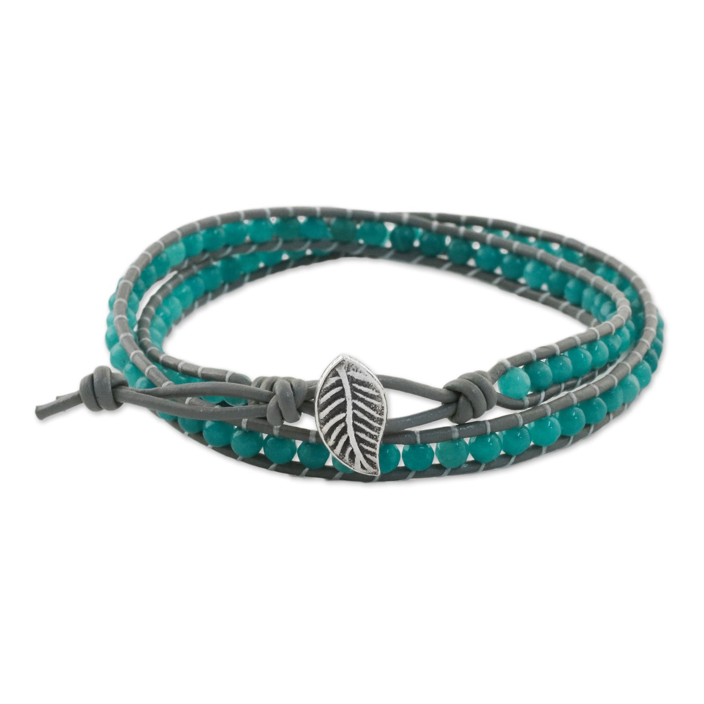 Window Glass Aqua Blue Quartz and Karen Silver Beaded Wrap Bracelet