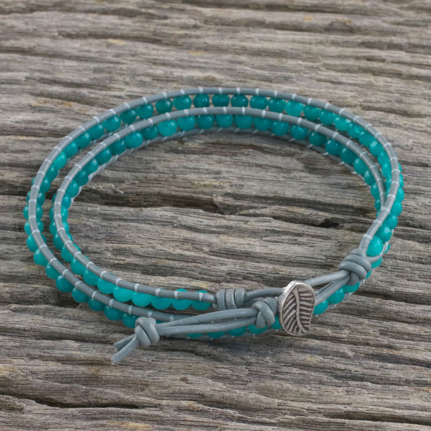 Window Glass Aqua Blue Quartz and Karen Silver Beaded Wrap Bracelet