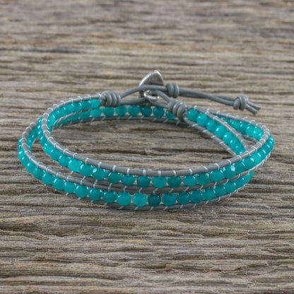 Window Glass Aqua Blue Quartz and Karen Silver Beaded Wrap Bracelet