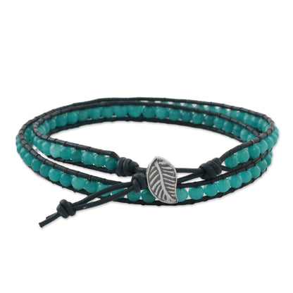 Sea Window Karen Silver Leaf Aqua Blue Quartz Beaded Wrap Bracelet