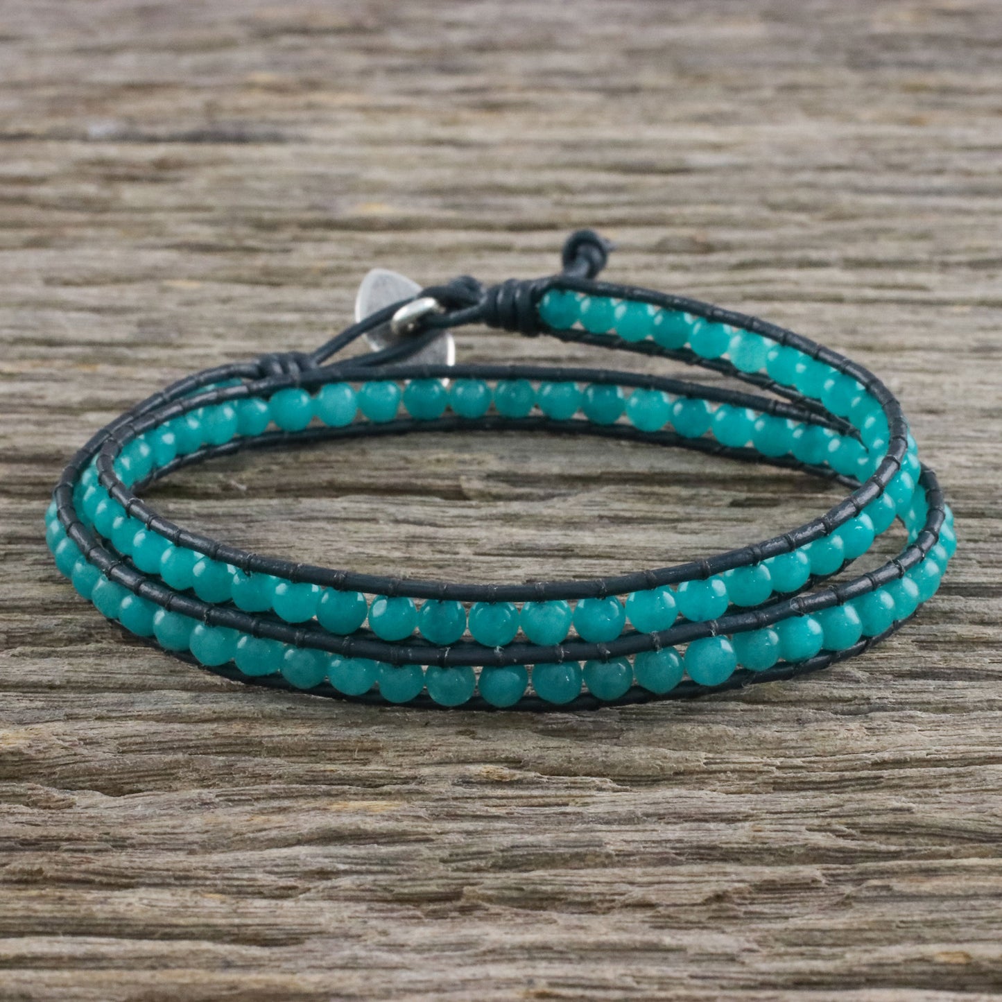 Sea Window Karen Silver Leaf Aqua Blue Quartz Beaded Wrap Bracelet