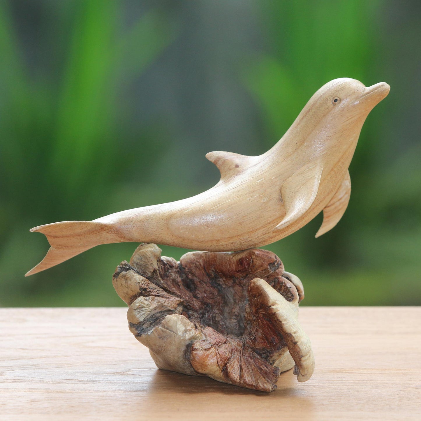 Joyous Dolphin Hand-Carved Jempinis Wood Leaping Dolphin Tree Sculpture