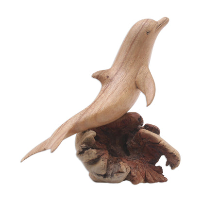 Joyous Dolphin Hand-Carved Jempinis Wood Leaping Dolphin Tree Sculpture