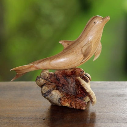 Joyous Dolphin Hand-Carved Jempinis Wood Leaping Dolphin Tree Sculpture