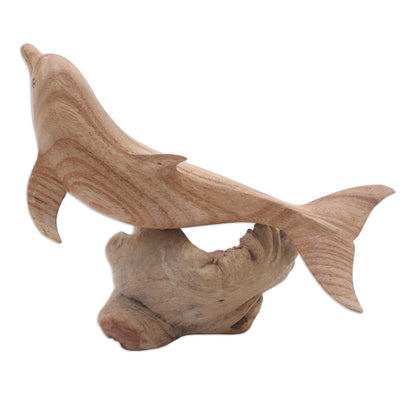 Joyous Dolphin Hand-Carved Jempinis Wood Leaping Dolphin Tree Sculpture