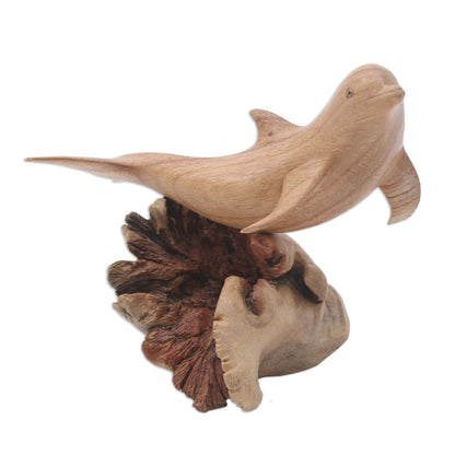 Joyous Dolphin Hand-Carved Jempinis Wood Leaping Dolphin Tree Sculpture