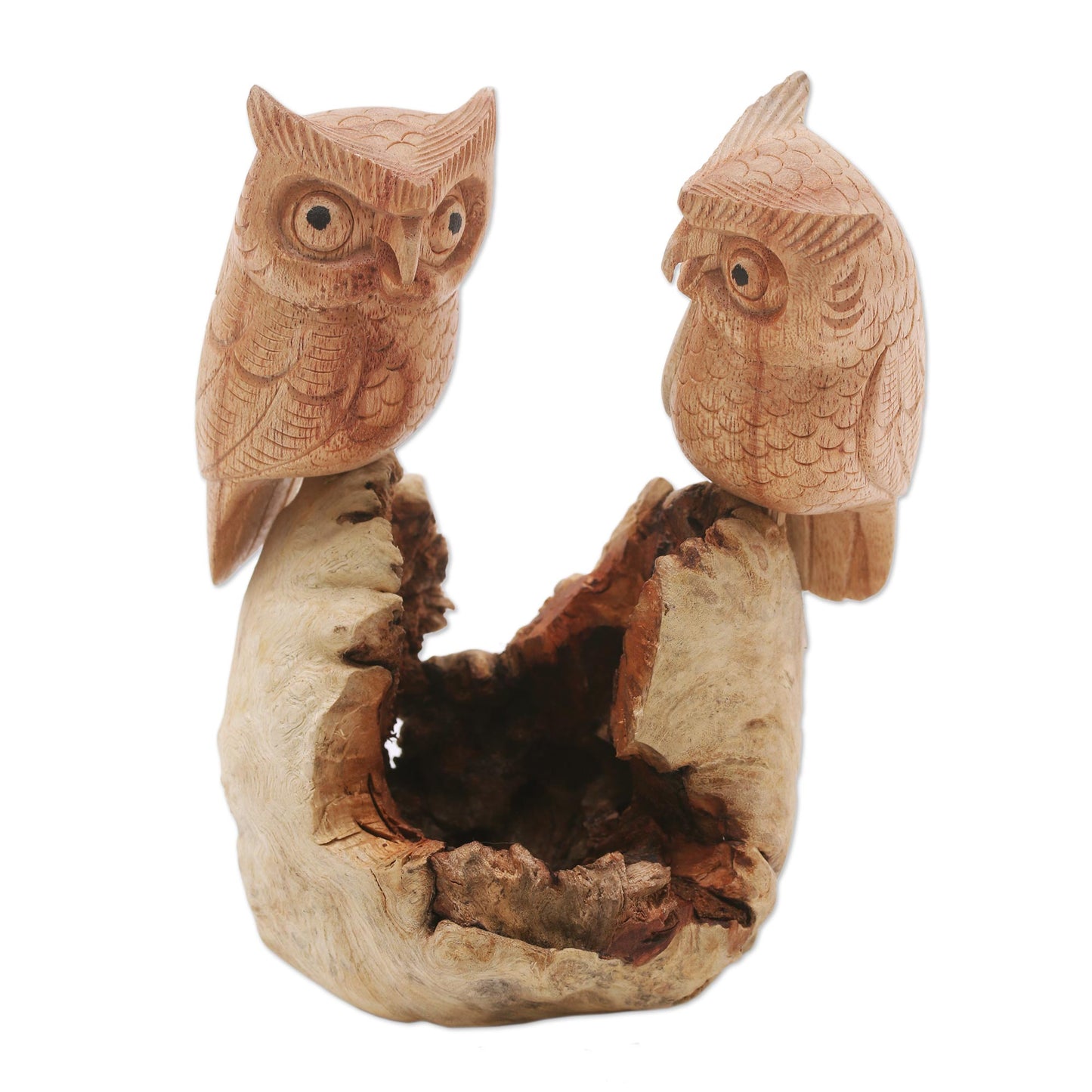 Owl Lovers Hand-Carved Jempinis Wood Owl Couple Tree Sculpture