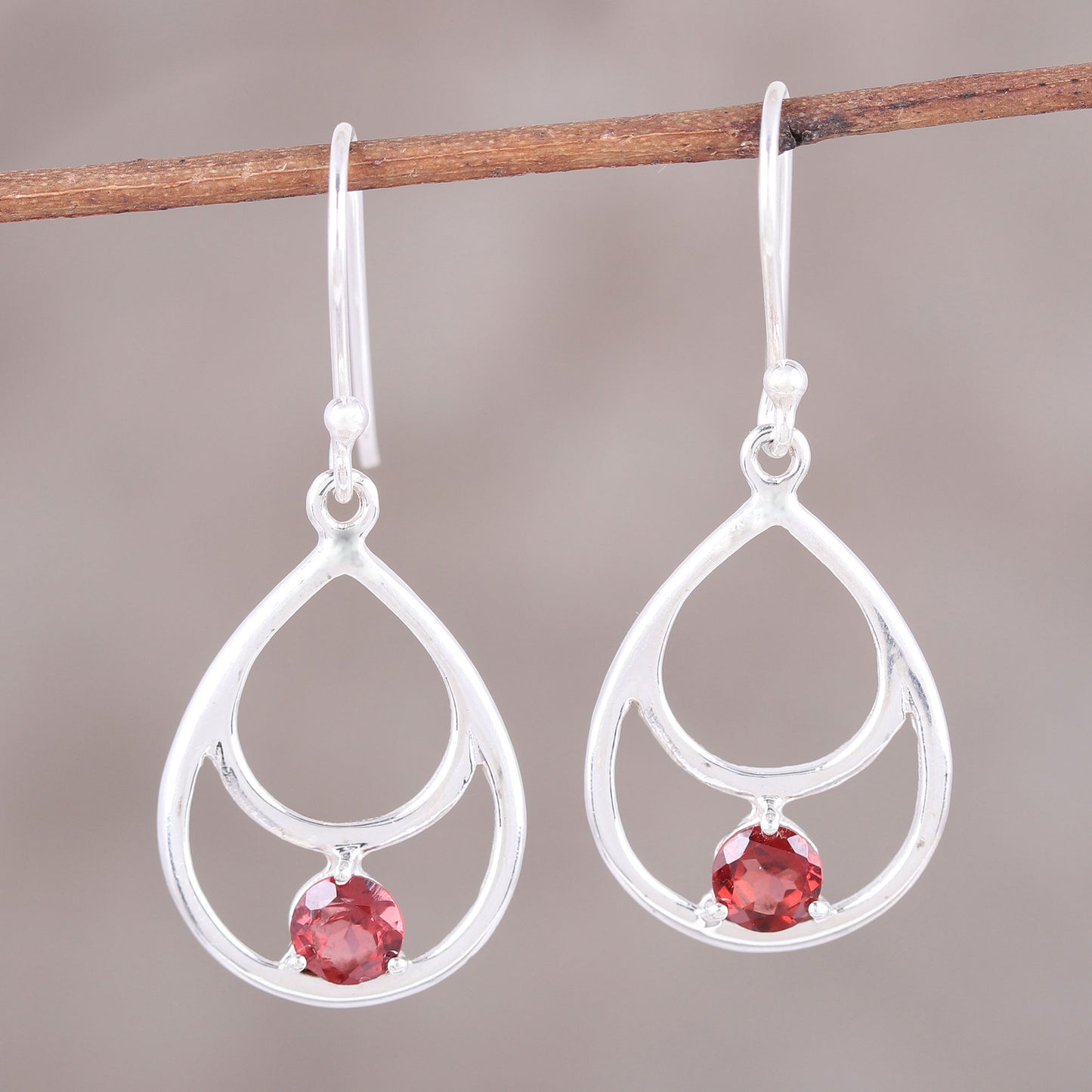 Dawn's Dew Garnet and Sterling Silver Double Teardrop Dangle Earrings