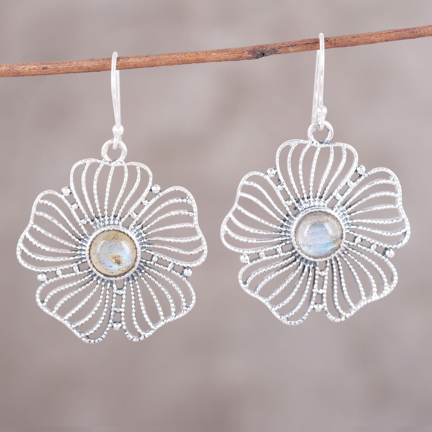 Celestial Flowers Sterling Silver Labradorite Celestial Floral Dangle Earrings