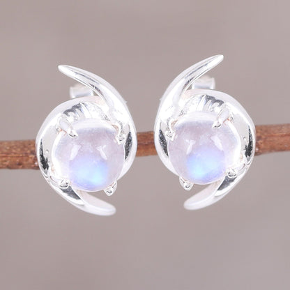 Awe of Aurora Indian Rainbow Moonstone and Sterling Silver Button Earrings