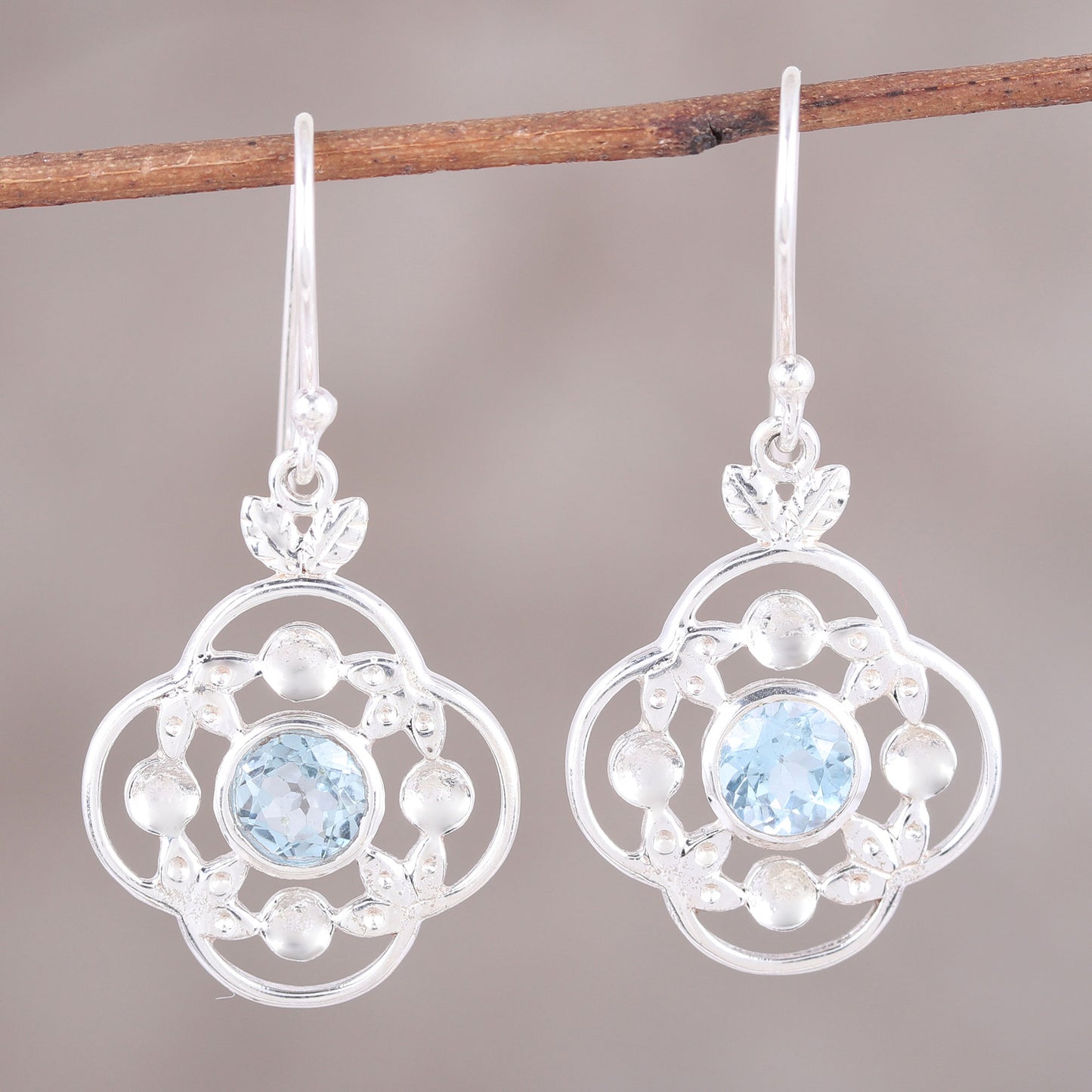 Flower Circle Blue Topaz Sterling Silver Rounded Flower Dangle Earrings